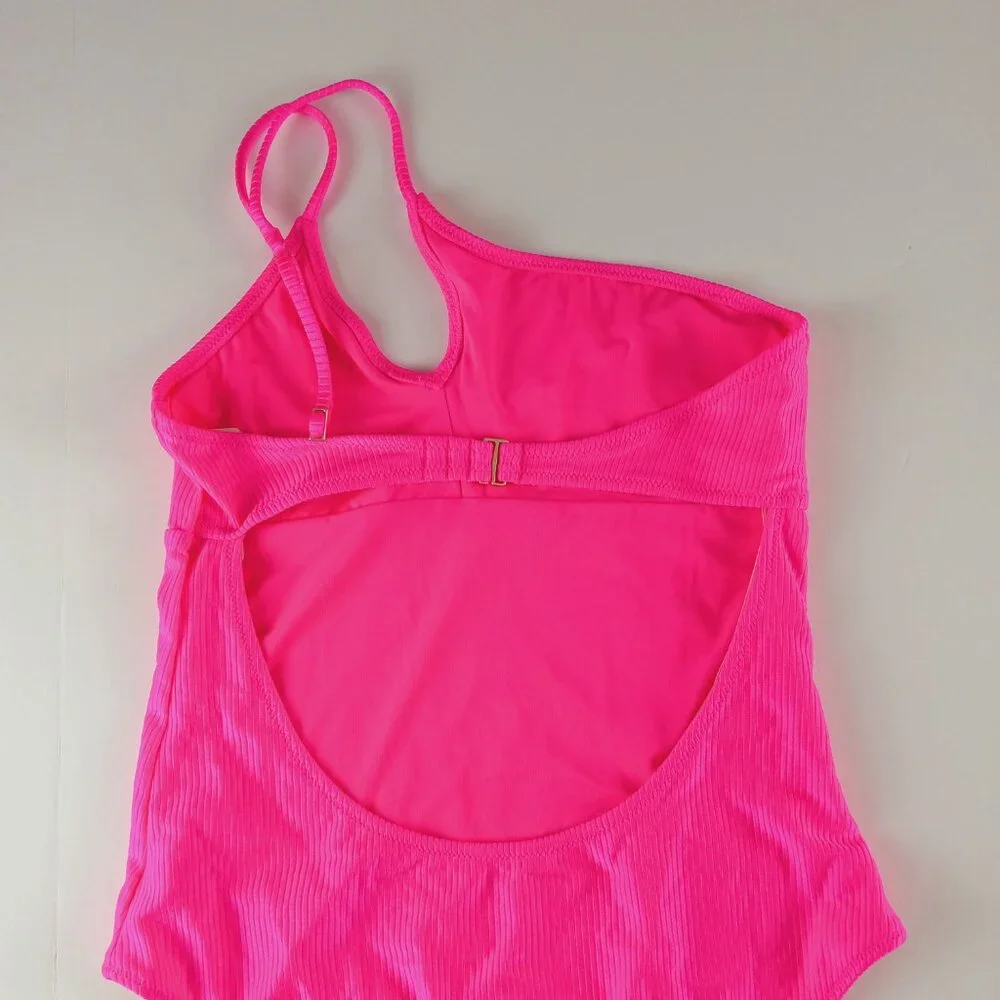 Aerie Shine Rib One Shoulder Full Coverage One Piece Swimsuit Women's M Pink